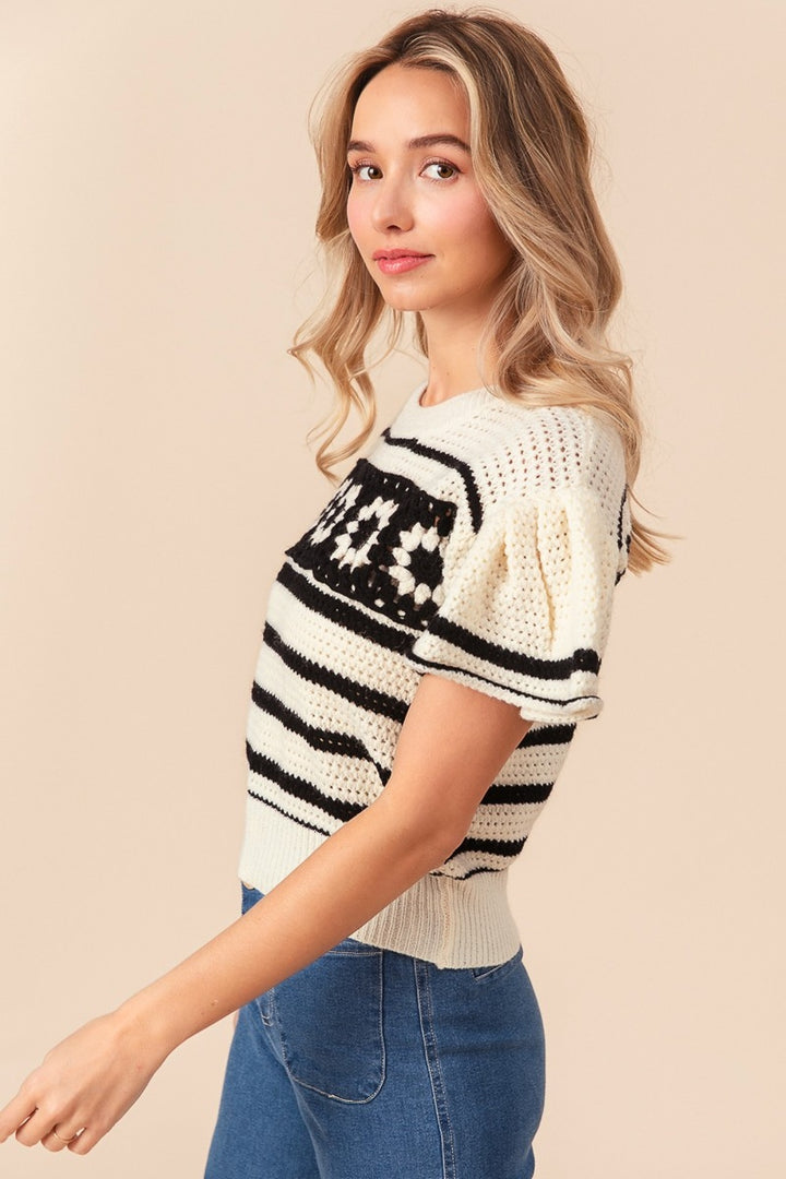 Granny Square Short Sleeve Striped Sweater - BiBi