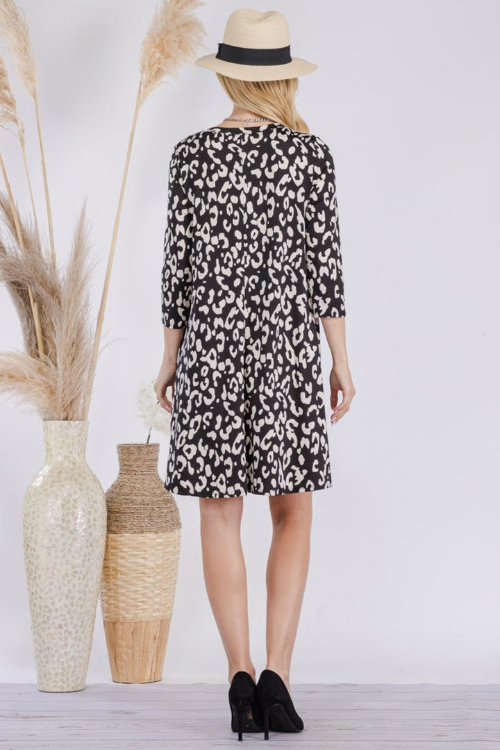 Celeste  Leopard Three-Quarter Sleeve Dress with Pockets