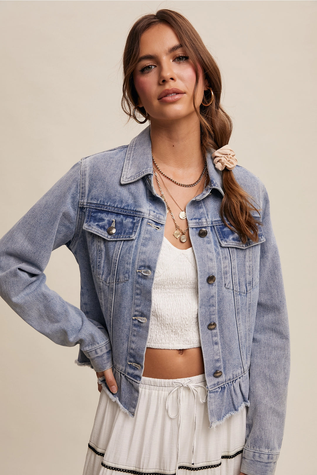 Ruffled Hem Denim Jacket