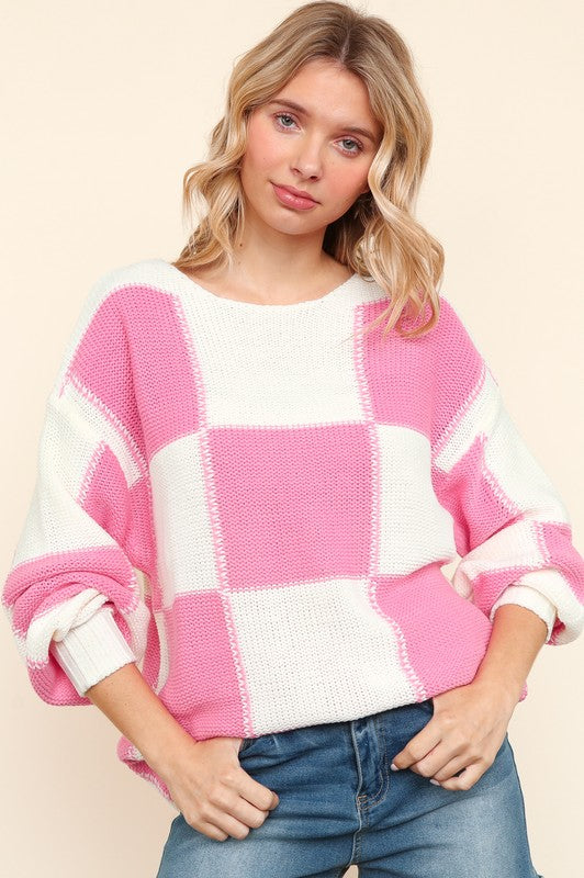 Haptics Checkered Round Neck Drop Shoulder Sweater