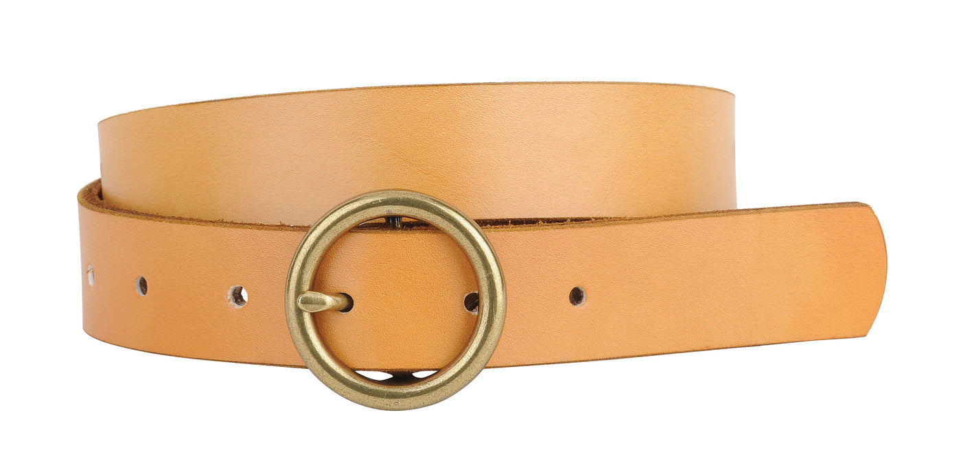 Reynard Brass-Toned Circle Buckle Leather Belt in Camel