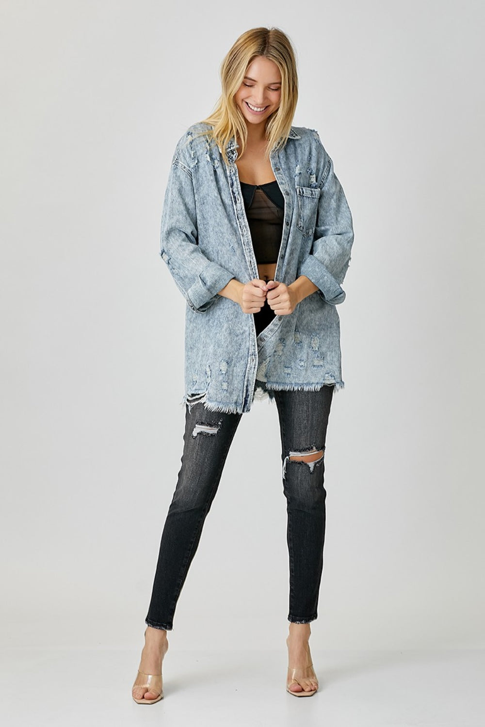 Diana Distressed Raw Hem Denim Shirt - RISEN