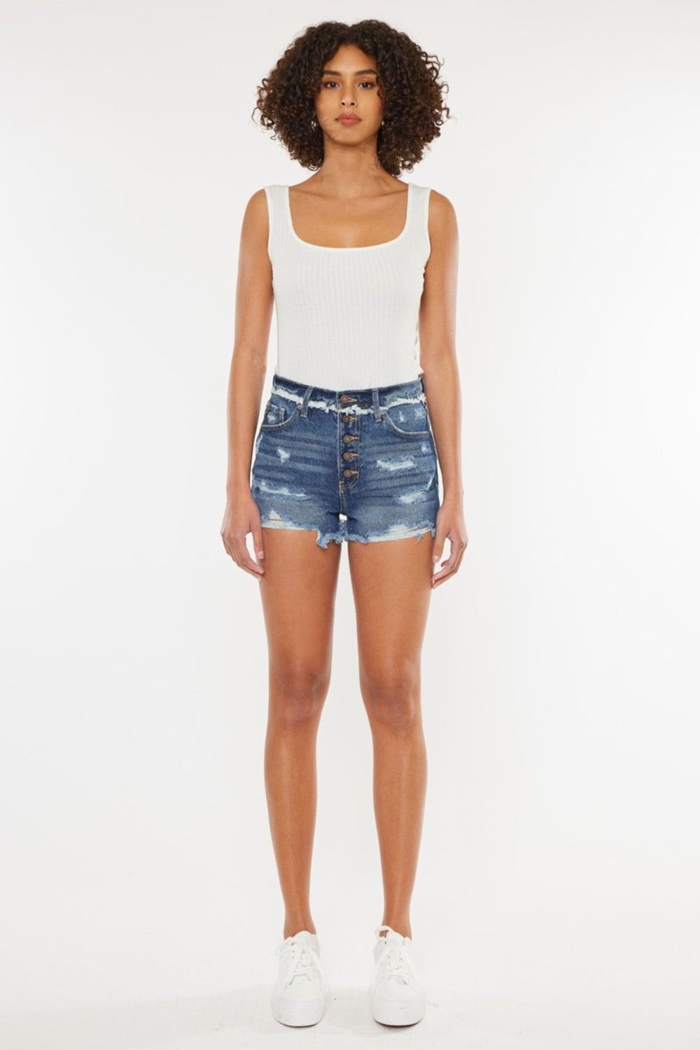 Brielle Distressed Button Fly Denim Shorts Kancan