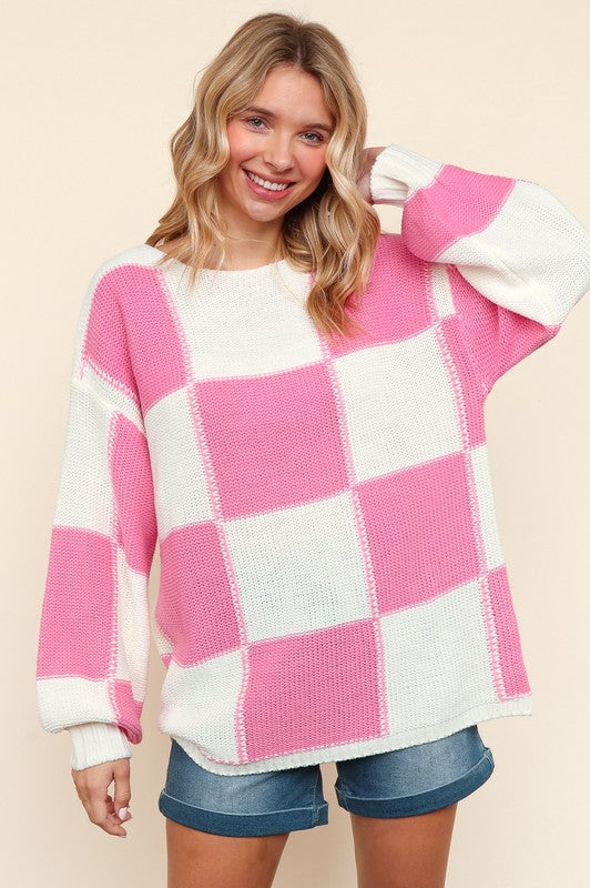 Haptics Checkered Round Neck Drop Shoulder Sweater