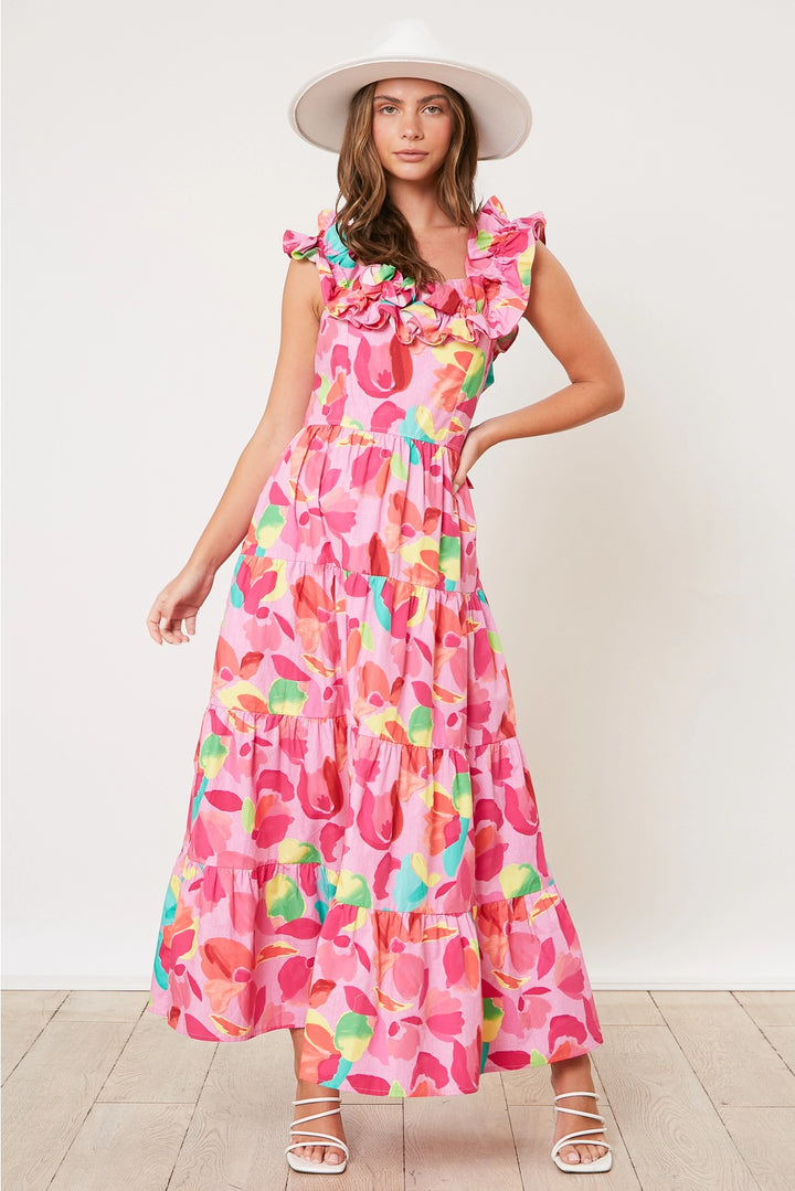 Sweet Jen Tied Back Floral Ruffle Maxi Dress