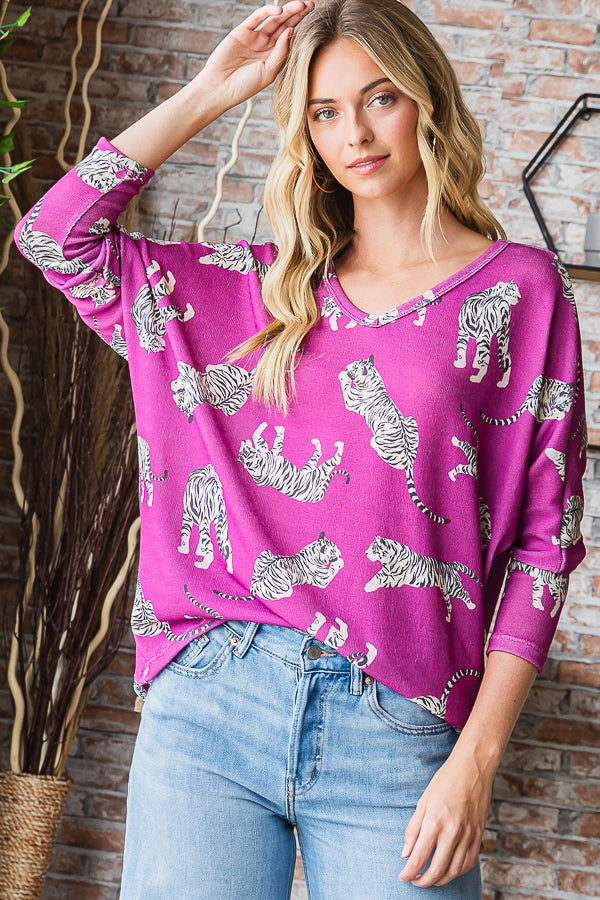 Tonya Tiger Print Magenta Knit Top