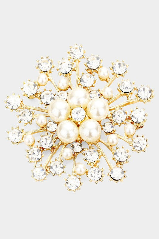 Round Pearl and Crystal Brooch