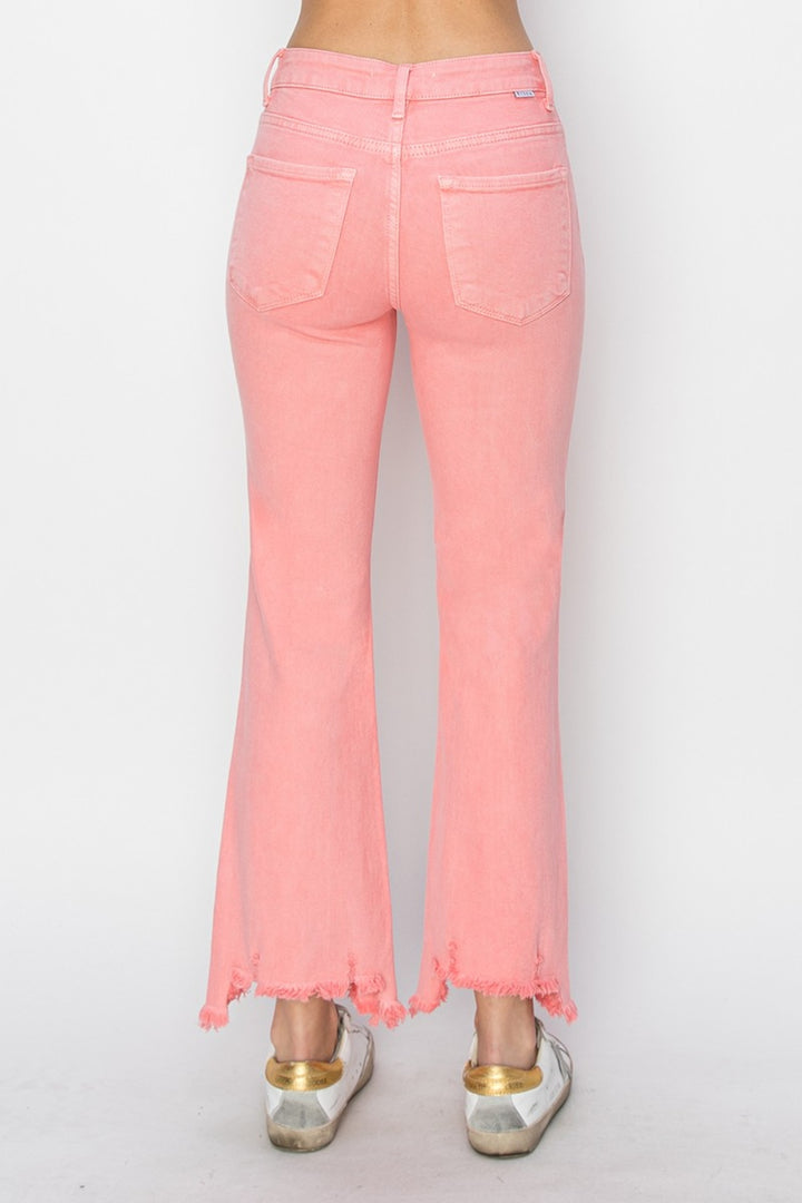 Coral Raw Hem Bootcut Jeans with Pockets RISEN