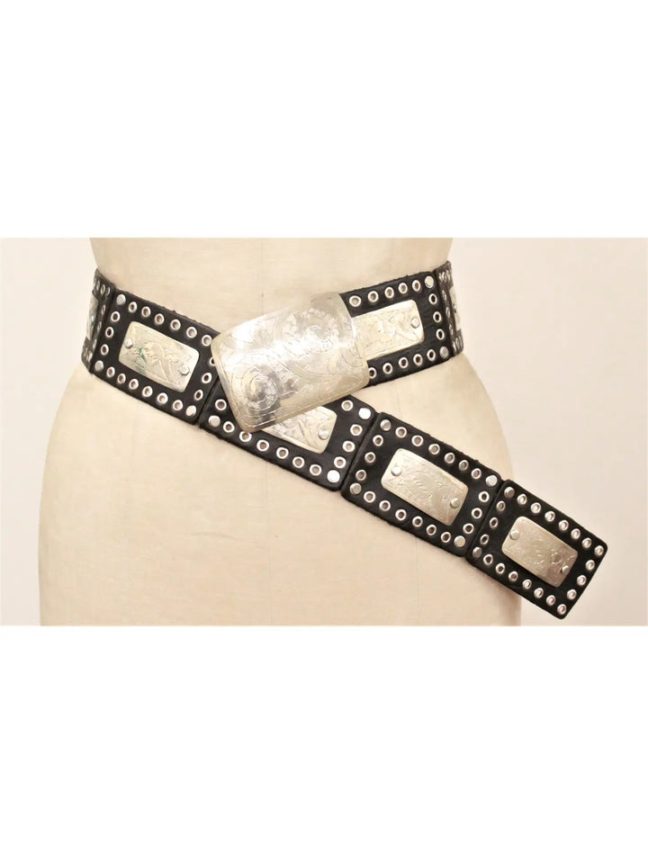 Rectangular Concho Black Leather Belt