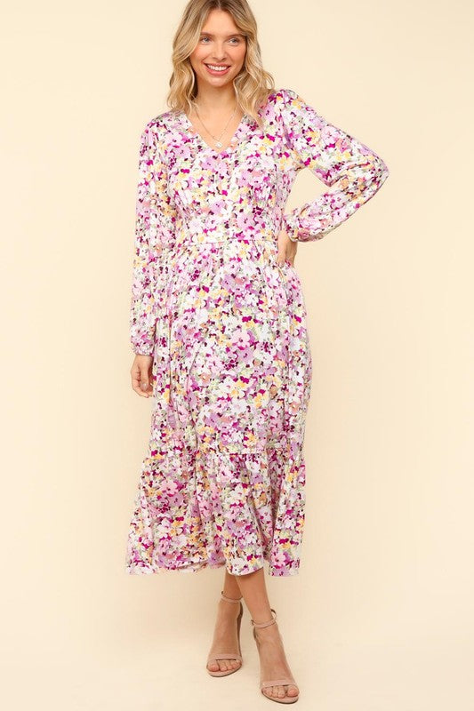 Haptics Floral V-Neck Long Sleeve Dress with Side Pockets