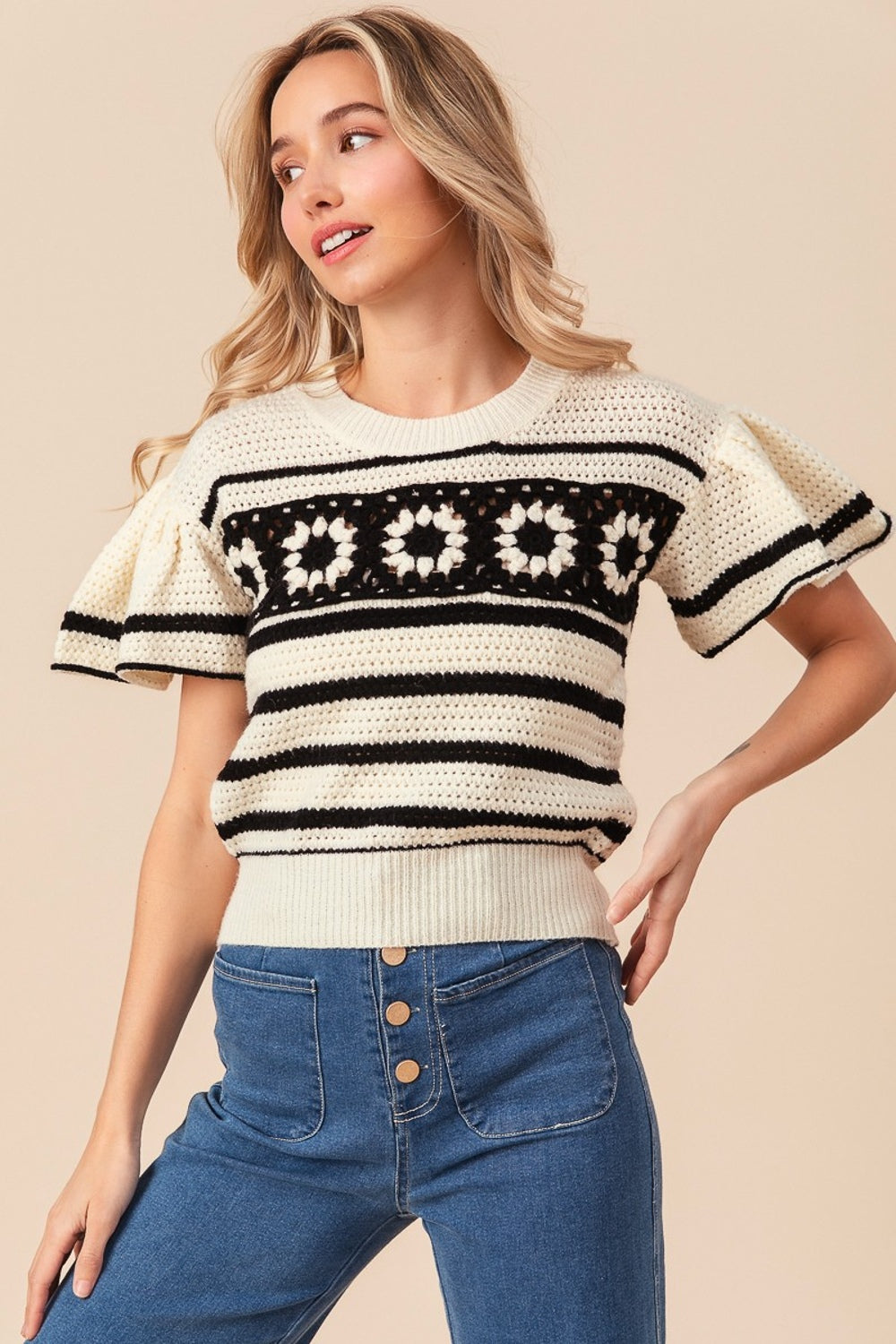 Granny Square Short Sleeve Striped Sweater - BiBi