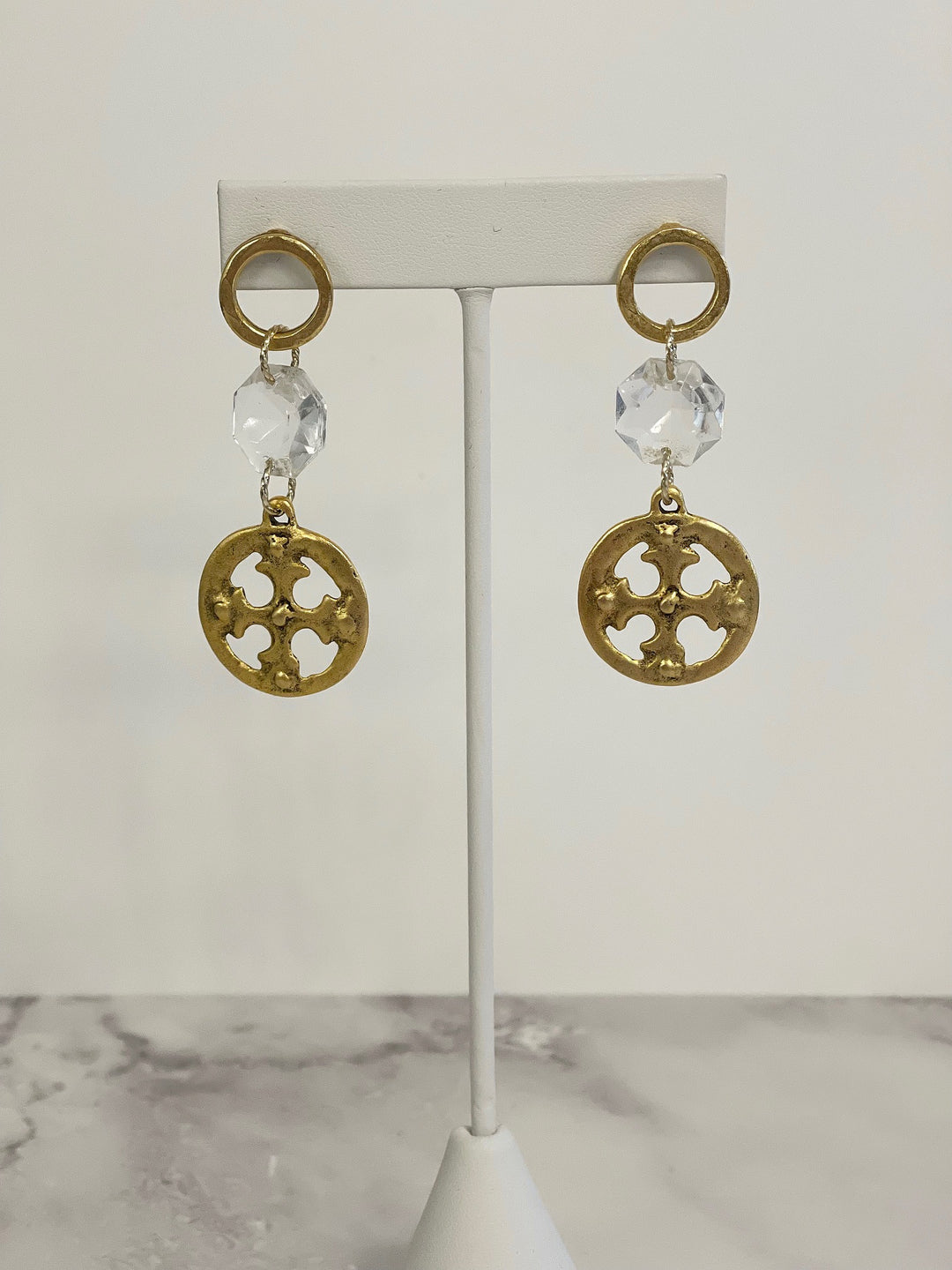 Heirloom Cross Drop Earrings with genuine vintage chandelier crystals and gold cross pendants