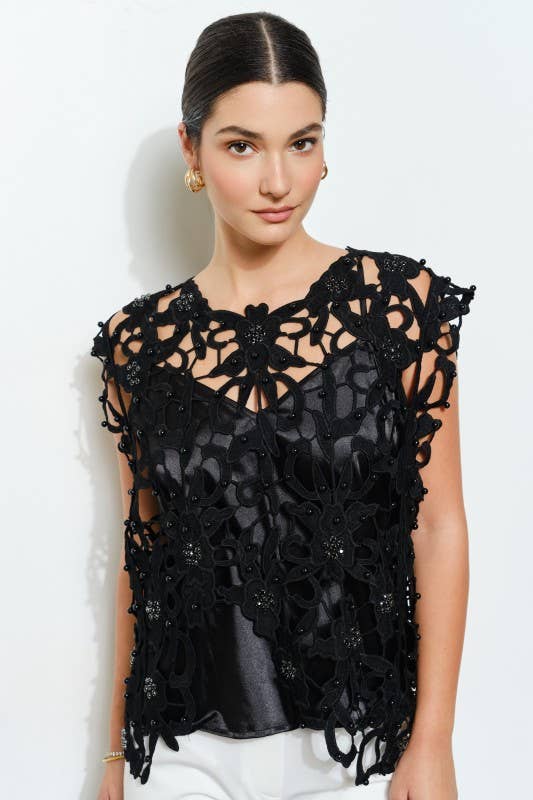 Midnight Garden black pearl embellished lace top shown from the front