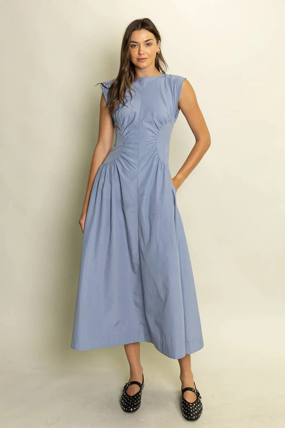 The Riviera Ruched Midi Dress in French Blue – Pierce and Belle at Home