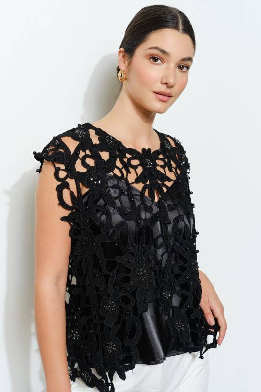 Midnight Garden black floral lace top with pearl and rhinestone embellishments