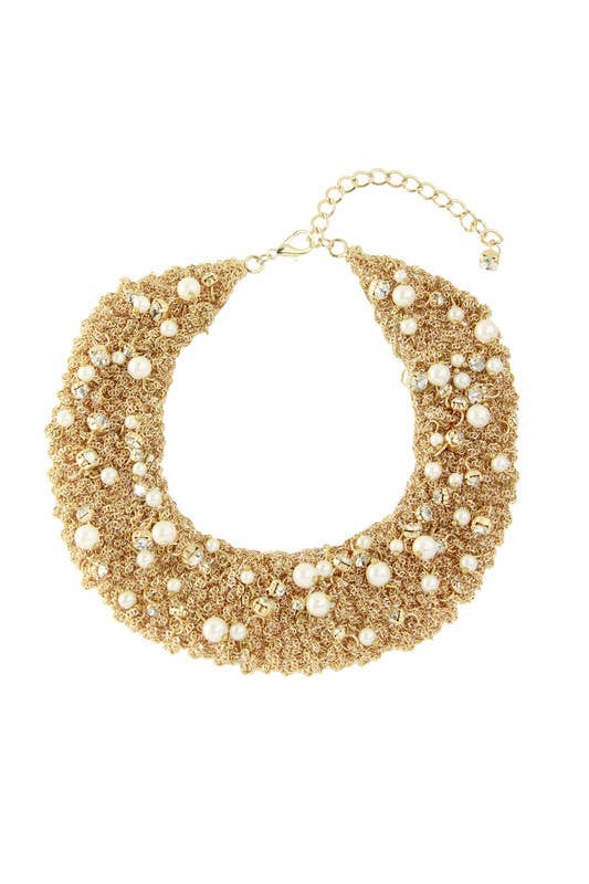 Gold crochet chain statement necklace with pearls and crystals by SAACHI