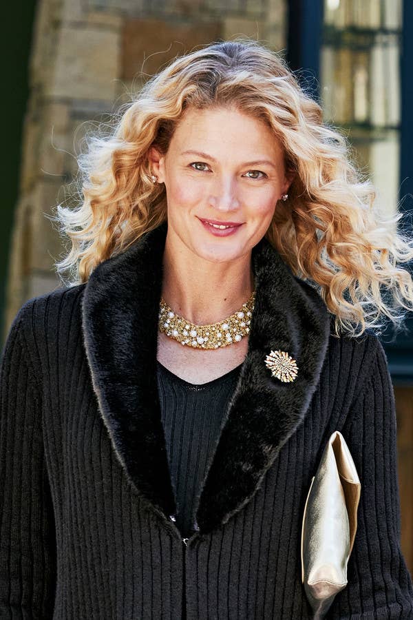 Gold pearl and crystal crochet chain necklace styled with black outfit