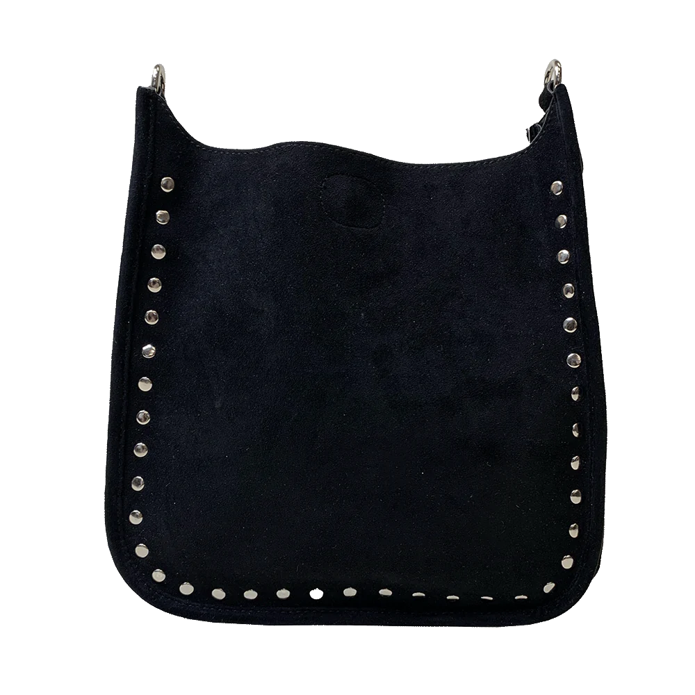 Classic Black Faux Suede Silver Studded Messenger - Ahdorned - NO STRAP