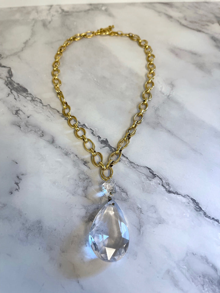 Full view of Heirloom Crystal Drop Necklace with gold link chain and clear crystal pendant