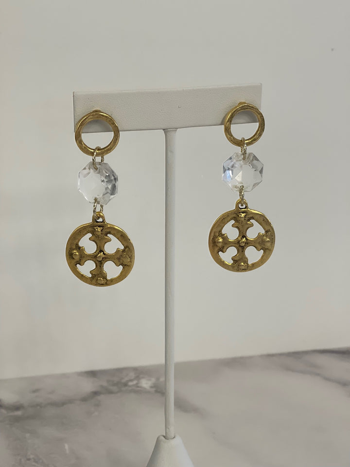 Gold cross drop earrings with faceted vintage chandelier crystal accents