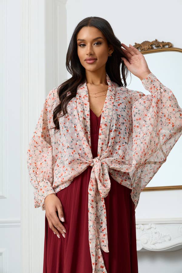 Petal Glow blush floral tie-front kimono top by SAACHI