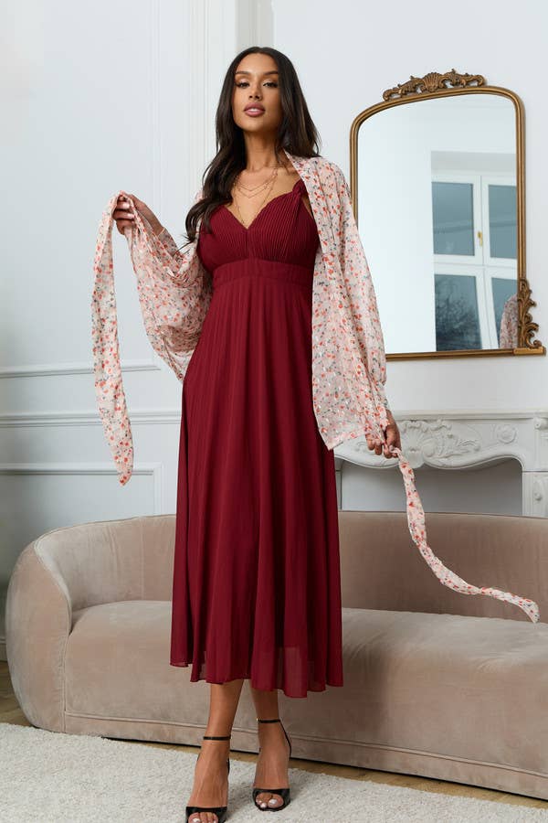 Blush floral tie-front kimono layered over burgundy midi dress