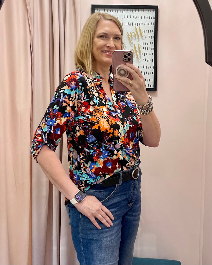 Mandarin Bloom Top in Black