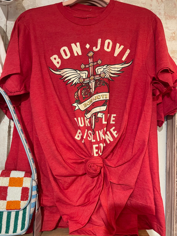 Bon Jovi Bad Medicine red licensed graphic band tee with winged heart and dagger design