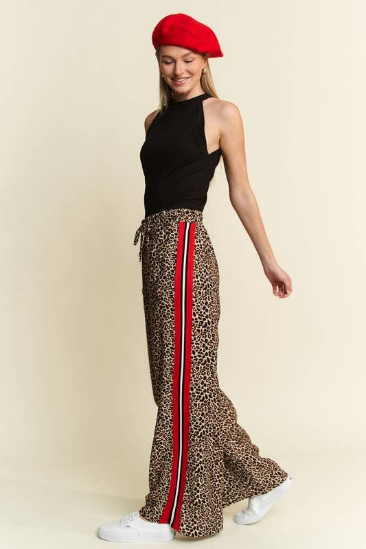 Mocha leopard print wide leg pants with sporty contrast stripe