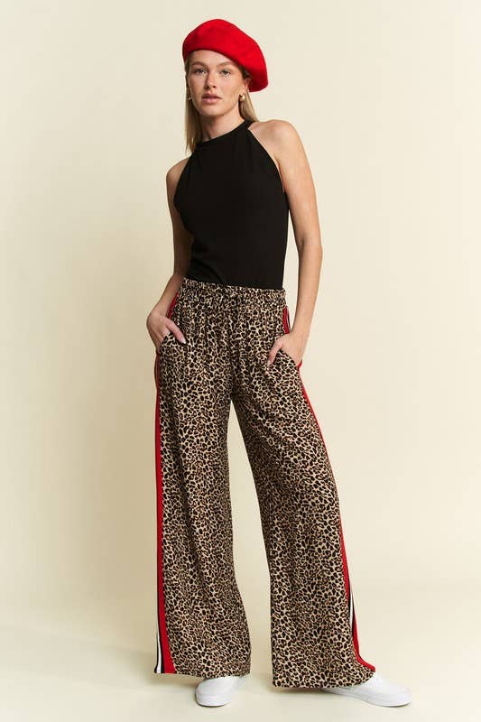Fast Track Leopard Wide Leg Pants with red contrast side stripe