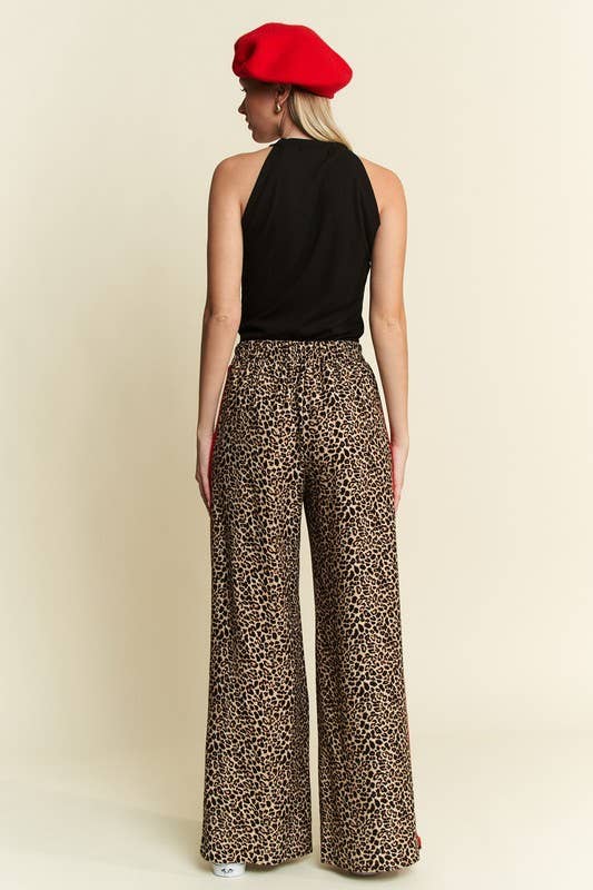 Back view of Fast Track Leopard Wide Leg Pants in mocha brown