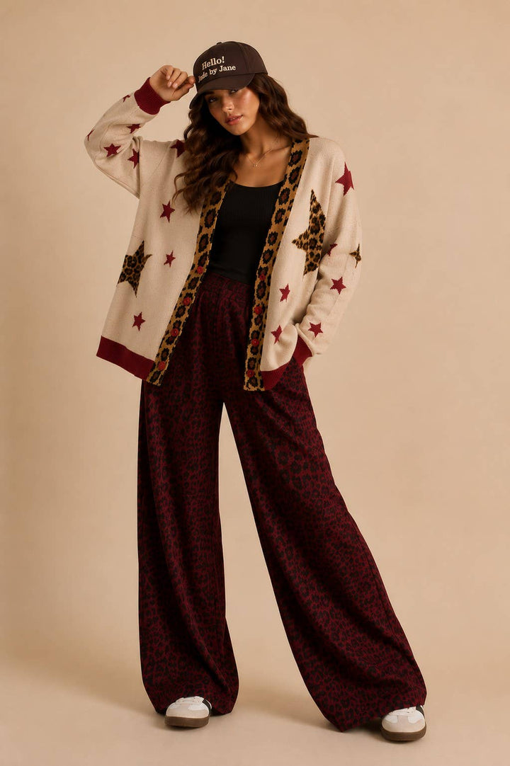 Wild Star Leopard Cardigan open front showing leopard trim and red buttons