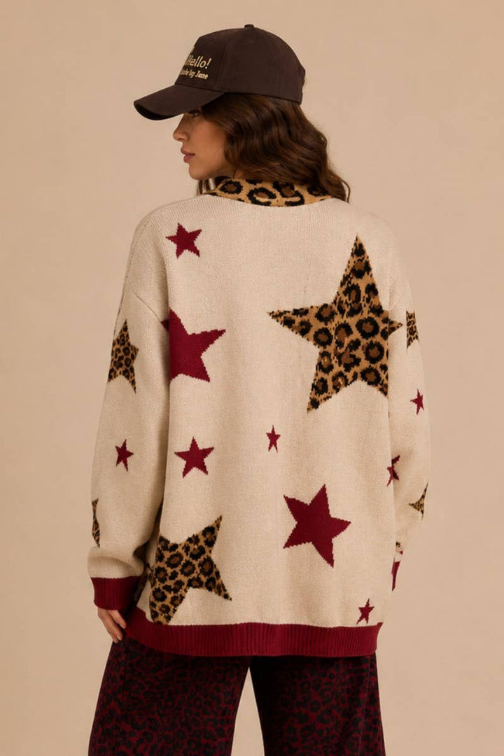 Back of Wild Star Leopard Cardigan with oversized leopard and red star pattern