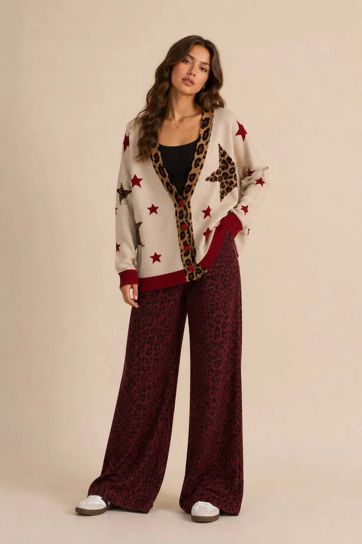 Wild Star Leopard Cardigan in oatmeal and red with leopard print stars