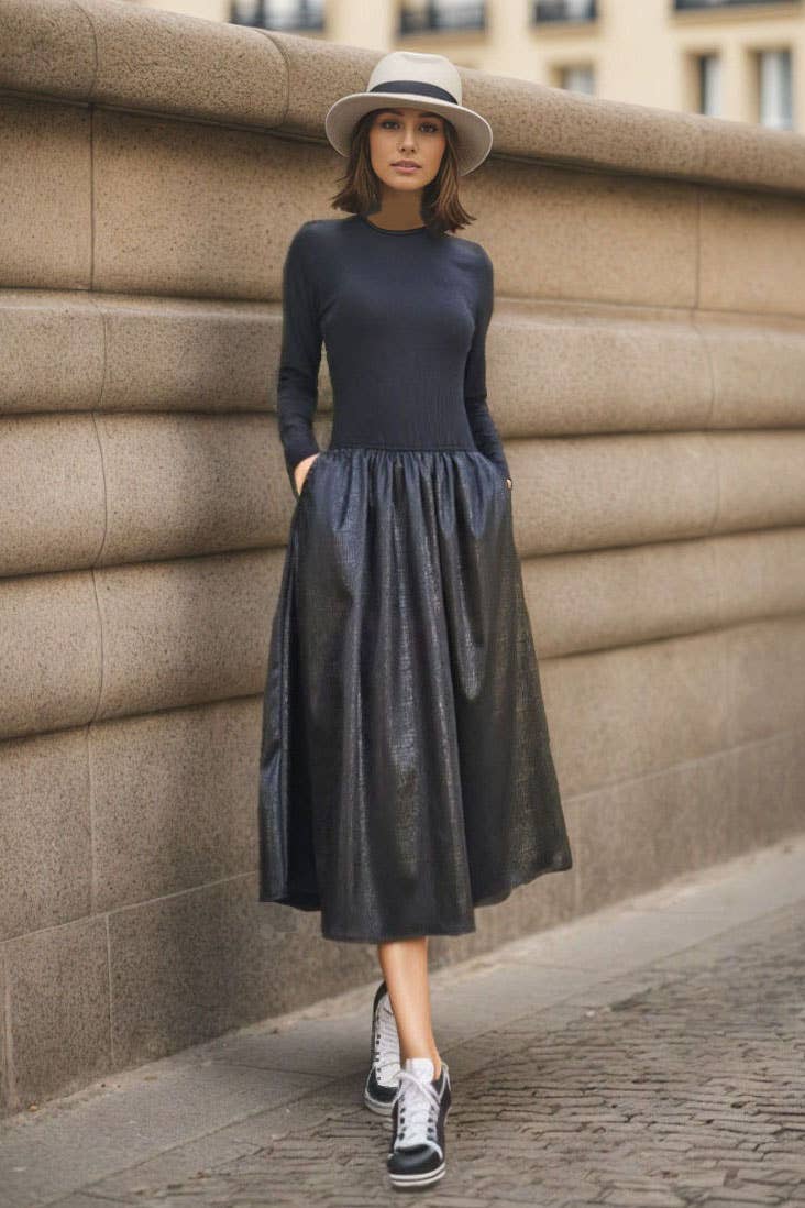 Betty black faux leather midi dress by VAVA by Joy Han with fitted long sleeve ribbed bodice and full skirt