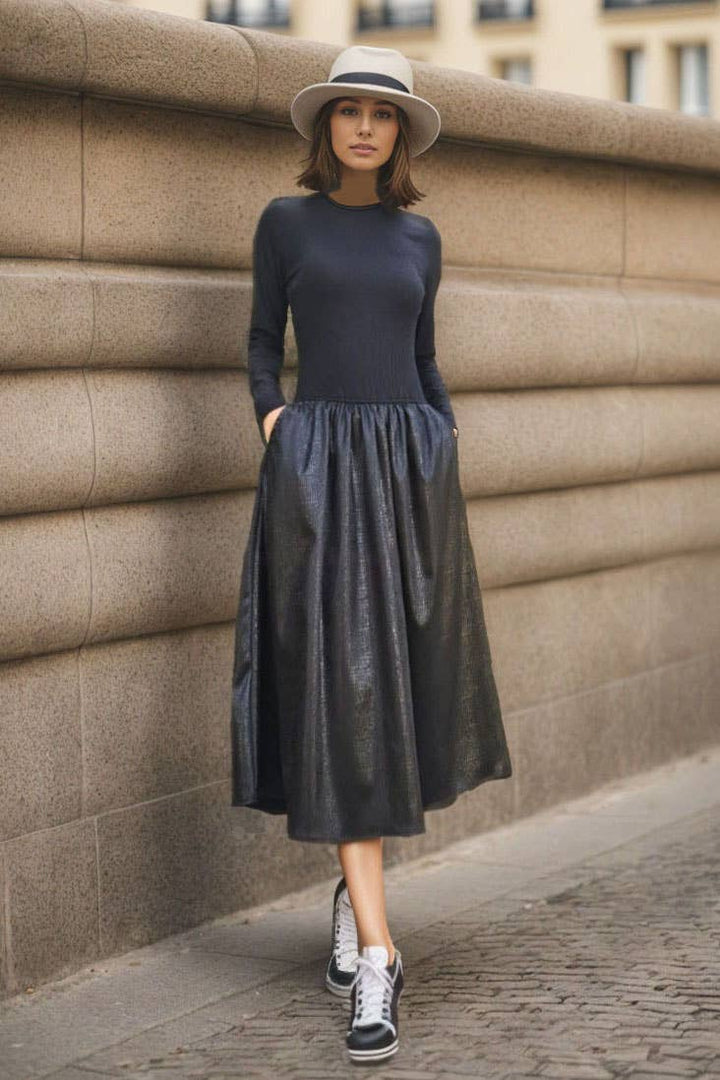 Betty black faux leather midi dress by VAVA by Joy Han with fitted long sleeve ribbed bodice and full skirt