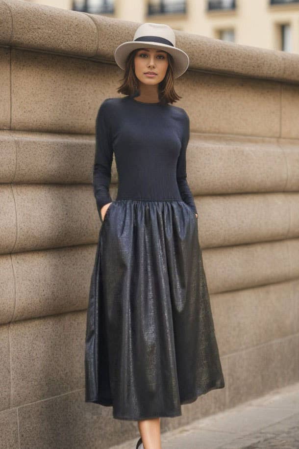 Black mixed media midi dress with ribbed long sleeve bodice and full faux leather skirt by VAVA by Joy Han