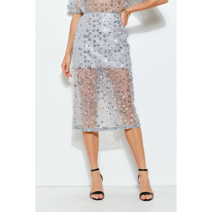 Slate blue floral sequin mesh midi skirt with sheer lower panel and fitted straight silhouette
