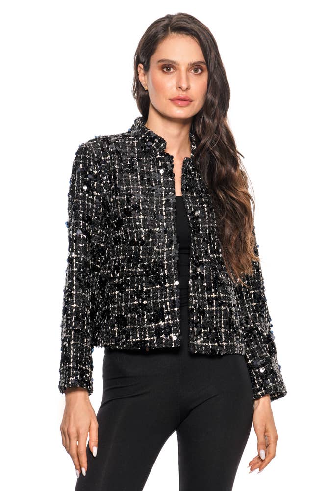 Spark After Midnight black and silver sequin tweed cropped jacket, front view