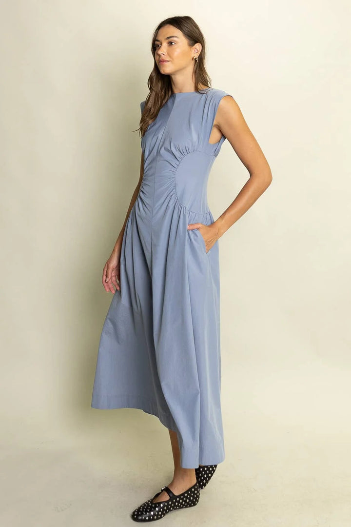 The Riviera Ruched Midi Dress in French Blue