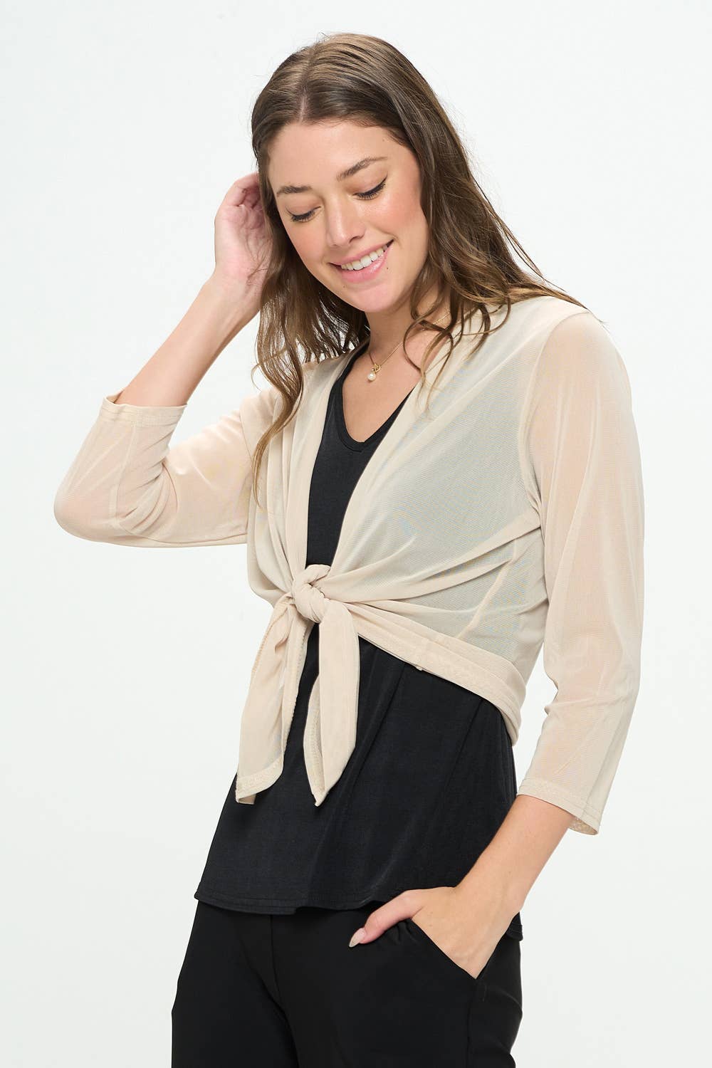 Mesh Romance Open Cardigan in Nude - Voyage Collection