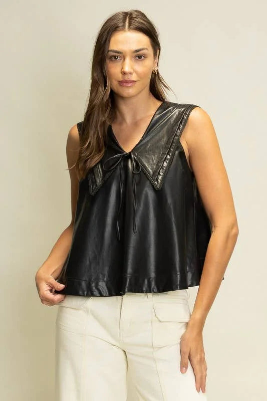 Rebel Romance faux leather top in black with oversized pointed collar, front tie and relaxed A-line silhouette.