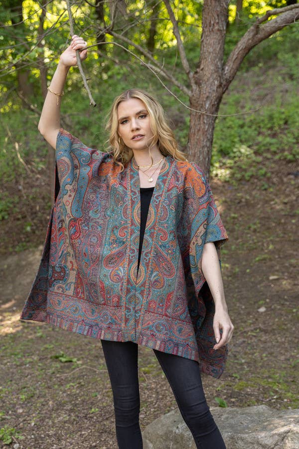 Multicolor woven paisley poncho by SAACHI front view