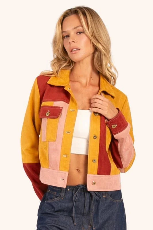 Retro Revival Colorblock Suede Jacket featuring mustard, rust and blush pink patchwork with button front and chest pockets.