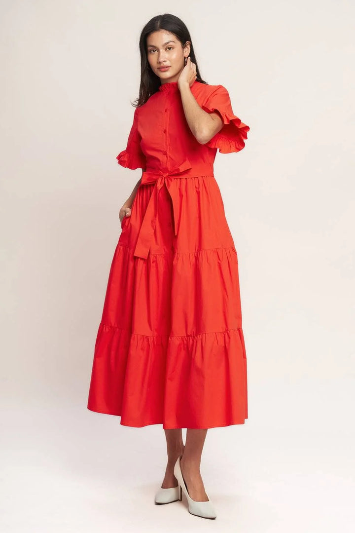 Scarlet Statement Tiered Dress in red with ruffle sleeves, tie waist and tiered maxi skirt