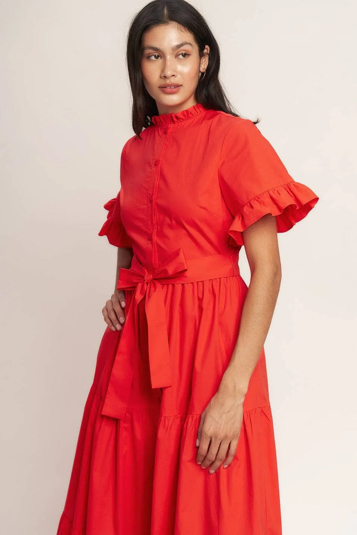 Scarlet Statement Tiered Dress showing ruffle neckline, button front and tie waist