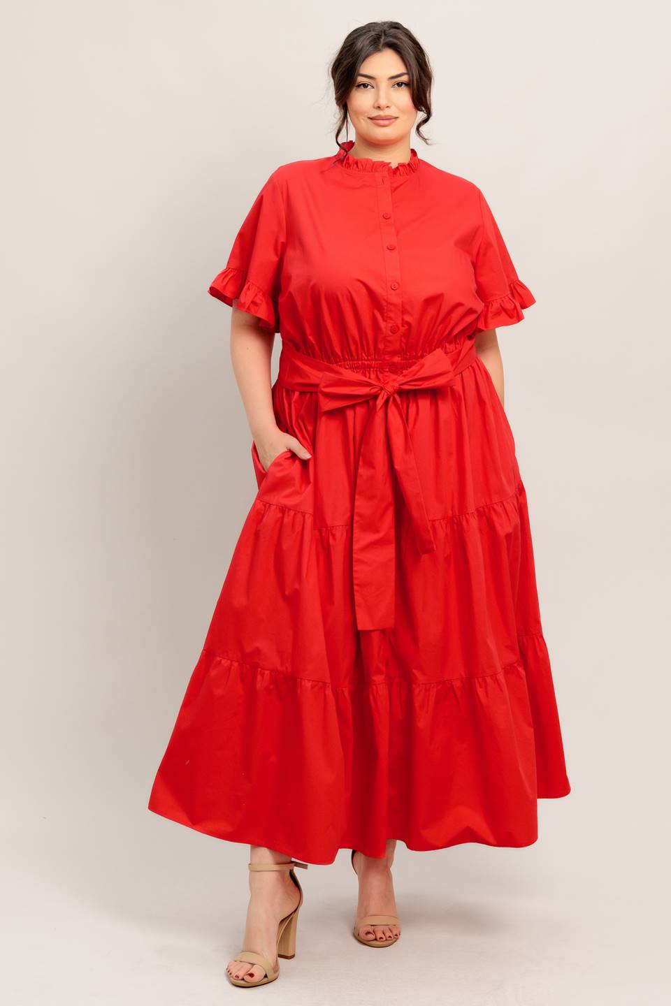 Scarlet Statement Tiered Dress in plus size with ruffle sleeves, tie waist and tiered skirt