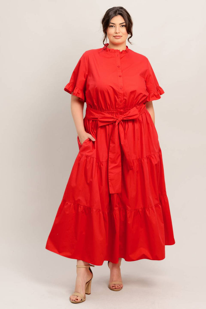 Scarlet Statement Tiered Dress in plus size with ruffle sleeves, tie waist and tiered skirt