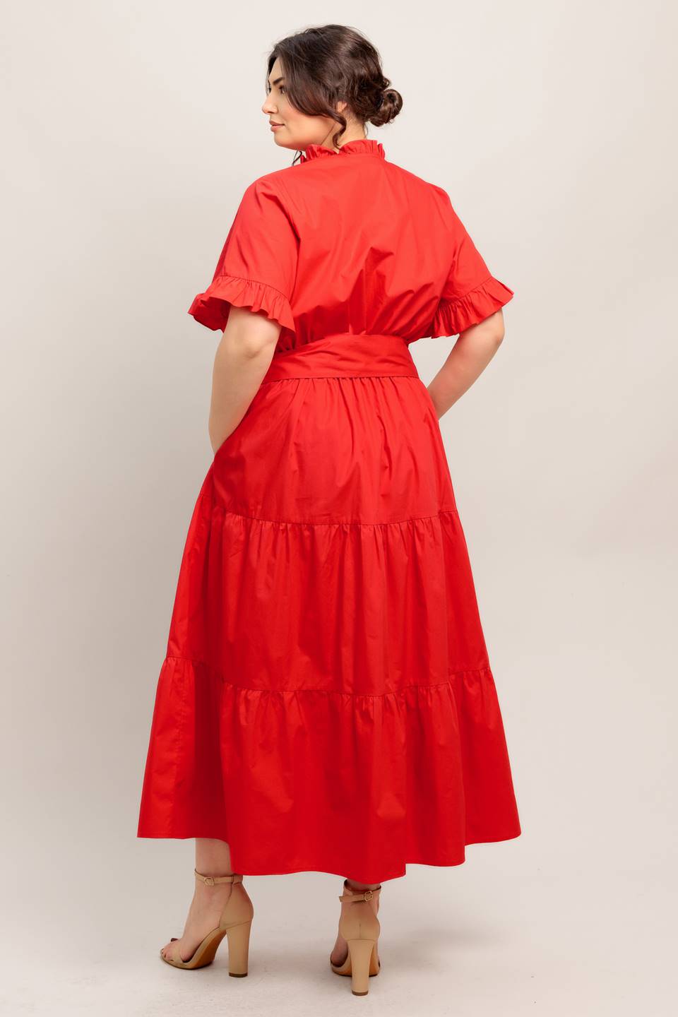 Plus size Scarlet Statement Tiered Dress back view with tie waist and tiered maxi skirt