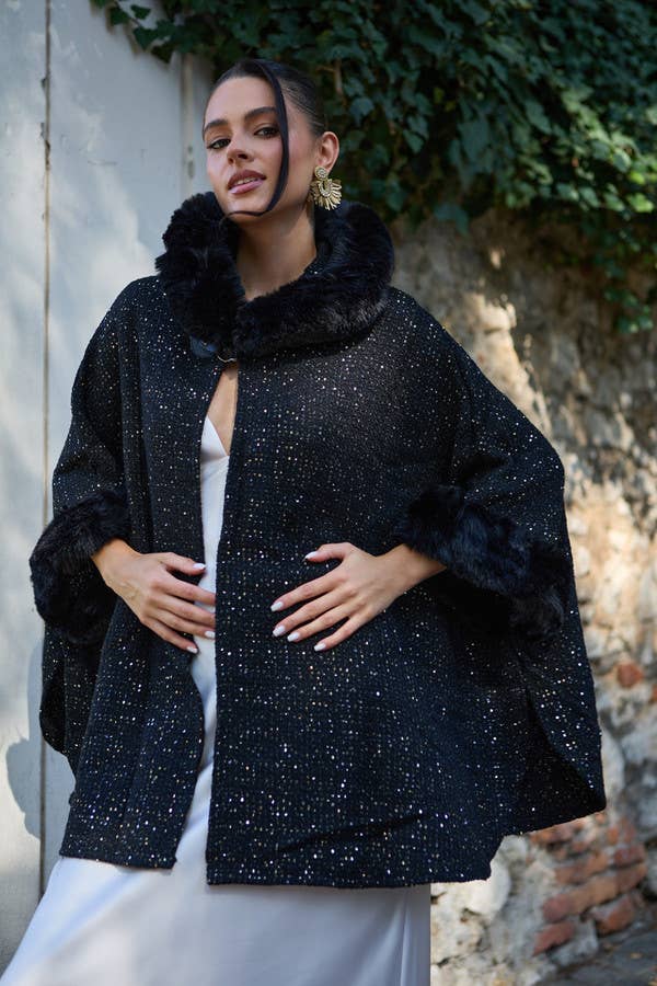 Black sequin faux fur cape with hood by SAACHI